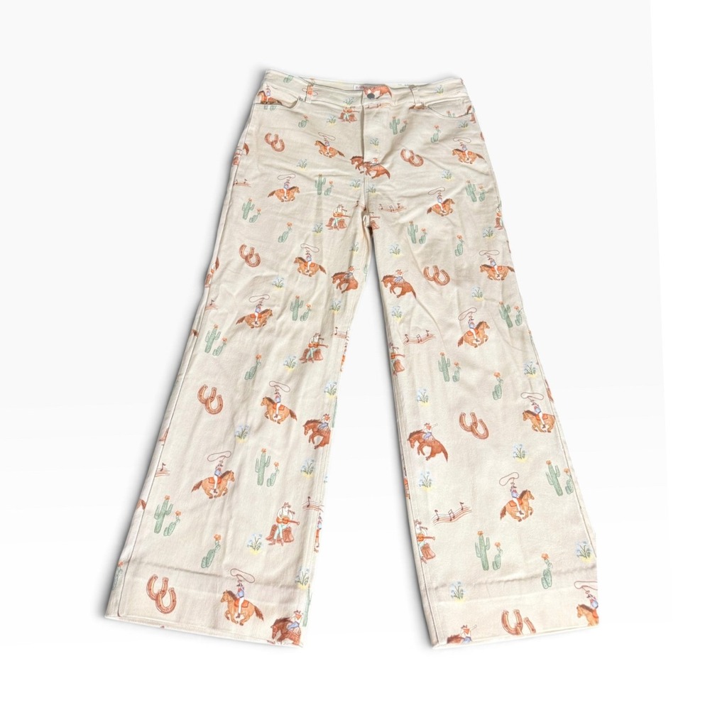 Bailey Rose Let's Rodeo Cowboy Print Wide Leg Jeans XL Western Cream cowgirlcore